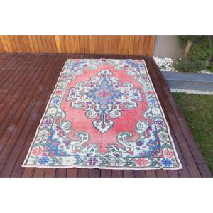 4.5x7.2 ft Rug, Turkish Vintage Rug, <b>Red</b> Check <b>Wool</b> Rug - Product Image 1