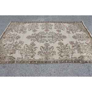 Classique Beige Vert Vintage Tapis Turc 5.7X8.8 ft Laine Latex Support Patchwork pour Chevet Rectangle Style-Modèle Tabriz - Product Image 4