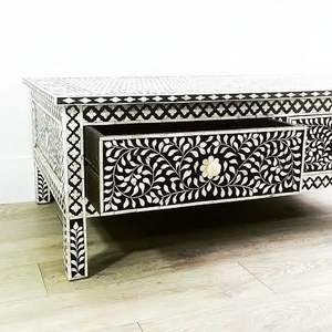 Table basse en os incrusté, finition antique avec tiroir de rangement, artisanat traditionnel, meuble de salon - Product Image 6