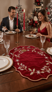 Set de 12 Napperons de Noël Brodés Faits Main Personnalisés, Motif Houx Doré, 100% Polyester, Décoration de Table, 80x120cm - Product Image 4