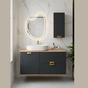 Conjunto de Muebles de Baño Modernos para Apartamento, Montados en la Pared, Gabinete de MDF Acolchado Color Antracita, Lavabo de Cerámica, Espejo LED Táctil de 100 cm - Product Image 1