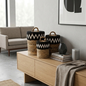 Ensemble de paniers en macramé en écorce de bananier naturelle, noir et blanc, avec couvercle en zigzag et poignée arquée, pour le rangement du linge, décoration et design artistique pur - Product Image 6