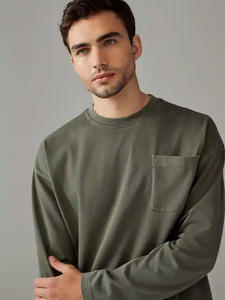 Camiseta informal de manga larga de algodón orgánico para hombre 100%, logotipo impreso personalizado, cuello redondo, bolsillo en el pecho, estilo Retro, tejido de talla grande - Product Image 3