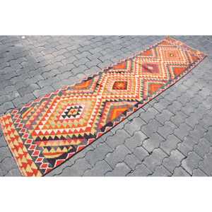 Vintage Turkish Rug 2.2x9.2 ft (68x281 cm), Kilim Red <b>Yellow</b> Animal Print Rug - Product Image 3