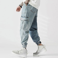 Celana Denim Cargo Kasual Pria Model High Street Style, Bahan Katun OEM, Potongan Lebar, Pinggang Sedang, Longgar, dengan Logo Kustom