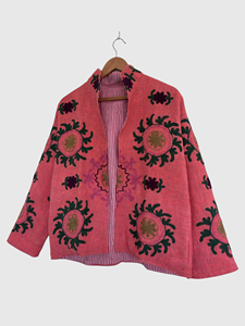 Veste en lin et coton brodée de fleurs roses, col châle, grande taille, style Prairie Chic, pour femme, tenue de printemps - Product Image 4