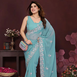 Sari de Seda Georgette Ligero y Ecológico con Blusa Bordada Floral para Toda Ocasión (Gujarati) - Product Image 2