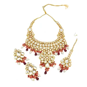 Ensemble de collier de mariée en Kundan plaqué or blanc et bordeaux, bijoux fins en cuivre pour femmes et filles pour mariage - Product Image 5