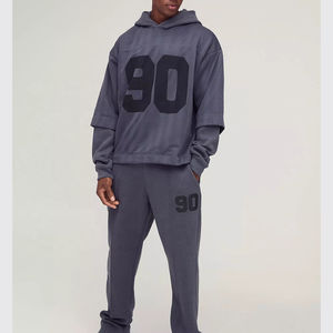 Chándal Ligero de Invierno para Hombre, OEM Personalizado, Logotipo Bordado con Parches Desgastados, Lavado Ácido, Sudadera con Capucha Vintage, Pantalones Deportivos Acampanados - Product Image 1