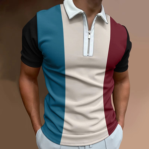 Polo a rayas de Color sólido para hombre, Polo de manga corta con cuello vuelto y cremallera para golf, ropa de calle informal para hombre, camisetas de verano - Product Image 1