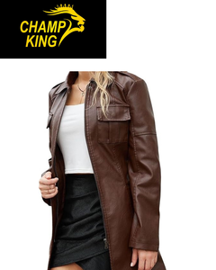 Manteaux longs en cuir pour femmes de haute qualité, hiver, cuir luxueux, boutons, fermeture éclair - Product Image 3