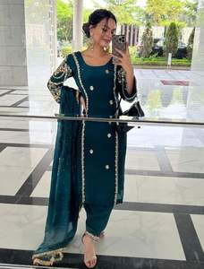 2024 indien/pakistanais élégant broderie travail Kurta Salwar robe longue fête porter cristal verre perles fil paillettes diamant - Product Image 2