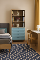 Ensemble commode et bibliothèque Arion Kids en MDF moderne, bleu, tiroirs avec pieds en bois, solution de rangement compatible pour la chambre à coucher