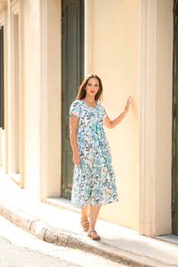 Robe Kairi imprimée à la main, style bohème, florale, blanche et turquoise, en pur coton, décontractée - Product Image 2