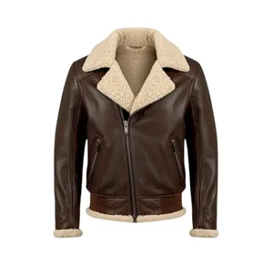 Chaqueta de Cuero para Hombre, Estilo Aviador, Marrón Vintage, Corte Slim, Motociclista, Bomber, Reversible, con Forro de Piel, Impermeable, con Cierre y Bordado, para Primavera - Product Image 1