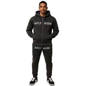 Unisex <b>Black</b> Acid Wash <b>Zip</b> <b>Up</b> <b>Hoodie</b> and Sweatpants Sweatsuit Set Streetwear Tracksuit with Embroidered Letter Design - Product Image 1