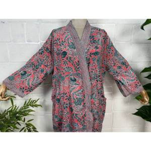 Floral Print Silk Blend <b>Kimono</b> Robe Classic Style <b>Plus</b> <b>Size</b> Sleepwear Soft Woven Fabric Drawstring Closure for Home Bridal Use - Product Image 4