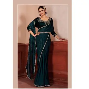 Indian Trending Beautifully Designed premium Georgette Sequence Work Velvet Border With crush Pleated Saree From indian market