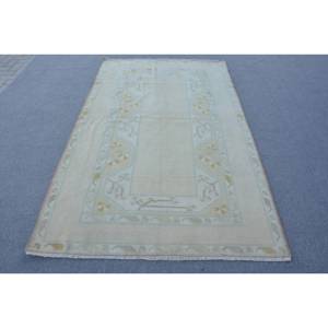 Alfombra turca Vintage Beige hecha a mano, área grande de 4 pies, 6 pulgadas X 7 pies, 7 pulgadas, lana, algas marinas, respaldo de látex, patrón de retazos para adolescentes, pasillo - Product Image 1