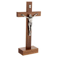 Crucifix de table avec base croix en bois d'olivier et statue de jésus en métal pour fournitures d'église décor religieux et autels de prière
