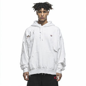 Oversized Distressed Embroidered Fleece Hoodie for <b>Men</b> Winter Baggy Pullover Windproof Eco-Friendly - Product Image 4