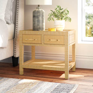 Mesita de noche de madera maciza y ratán de 2 cajones de diseño moderno con luz LED, muebles de dormitorio para uso doméstico - Product Image 2