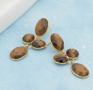 Pendientes Elegantes de Ojo de Tigre Ovalados, Joyería de Piedras Preciosas, Plata de Ley 925, Chapado en Oro de 18K, Pendientes Colgantes, Regalo para Ella - Product Image 5