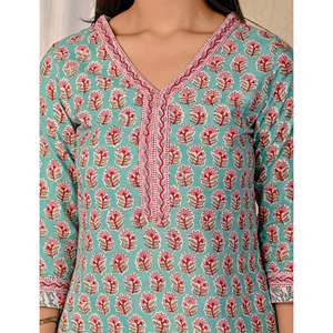 ชุดคุรตะผ้าฝ้ายพิมพ์ลายบล็อกสีเทอร์ควอยซ์ แขนสามส่วน สำหรับใส่ในชีวิตประจำวัน - Product Image 2