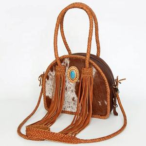 Sac fourre-tout en cuir véritable de vache, style western bohème, avec franges et pompons, couleur personnalisée, sac à main décontracté pour femmes, automne - Product Image 3