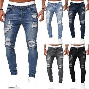 High Quality Men's Sustainable Stonewashed <b>Denim</b> Track Pants 3D Distressed Straight Mid Brand Flat Ripped Breathable Winter - Product Image 1