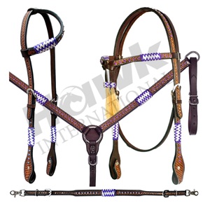Hot Sale Premium Quality Horse <b>Leather</b> Western Equestrian Tack Set <b>Tooled</b> Rawhide Naughting Best Price Headstall Included - Product Image 2