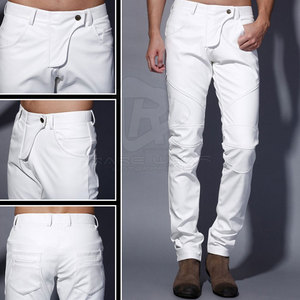 Pantalones de vaquero de cuero PU para hombre, precio al por mayor, ropa de moda de Otoño Invierno, pantalones de cuero en blanco sólido grueso de cintura alta - Product Image 4