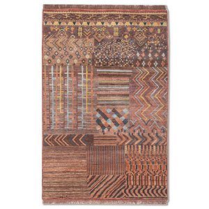 Alfombra Manchaha de Lana y Seda Anudada a Mano, Roja y Naranja con Patrón Geométrico para Decoración de Sala de Estar, Nueva Alfombra de 9x12 Lub-128 - Product Image 1