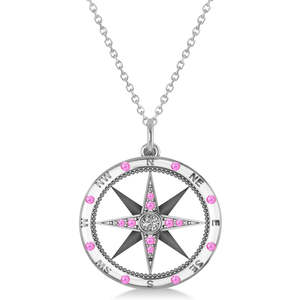 Pendentif boussole en or blanc 14 carats avec saphir rose de 0,19 ct et accents de diamants, pendentifs et breloques en diamants - Product Image 4