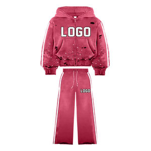 100% coton polaire Jogging mode tenue respirant deux pièces pleine fermeture éclair à capuche Flare pantalon grande taille confortable pour l'hiver - Product Image 5