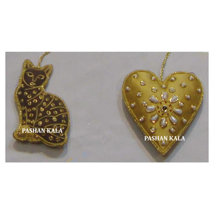 Most Attractive <b>Cat</b> and Heart Shape Design Golden Zari Embroidery With Beaded Work for Christmas <b>Tree</b> Decorate Hanging Ornament - Product Image 1