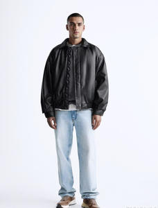 Veste en cuir véritable personnalisée pour homme, vintage, lisse, monochrome, respirante, avec col montant, logo sur le devant, fermeture éclair - Product Image 2