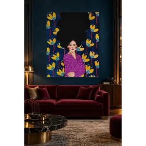 Fida, femme en blouse violette avec des fleurs jaunes sur fond bleu marine, impression sur toile - Product Image 3