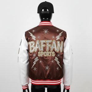 Veste en satin de qualité supérieure, tissu lisse et brillant, panneau contrasté brun et blanc, manches personnalisées, logo brodé en chenille, veste en satin - Product Image 2