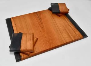 Tabla de cortar de forma rectangular hecha a mano, tabla de queso de mármol sólido con cuchillo de diseñador de resina para uso en utensilios de cocina - Product Image 4