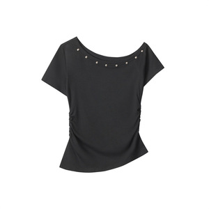 Camiseta de Verano 2026 para Mujer, Estilo Ajustado, Manga Corta, Hombro Descubierto, Estilo Moderno, Tejido de Punto, Color Sólido - Product Image 3