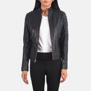 Women Genuine <b>Leather</b> Moto <b>Jacket</b> Stand Collar Zipper Closure Full Sleeve Solid Black Regular Fit Autumn Wear - Product Image 2