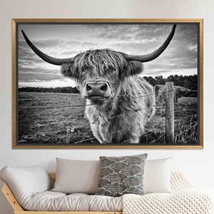 Cuadro en lienzo de vaca de las Tierras Altas: Ganado Longhorn, impresión decorativa para casa de campo, lienzo con marco dorado - Product Image 1