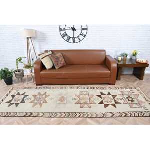 3.37x10.1 ft Vintage <b>Wool</b> Turkish Runner Rug <b>Brown</b> White Floral Patchwork Design with Latex Backing - Product Image 1