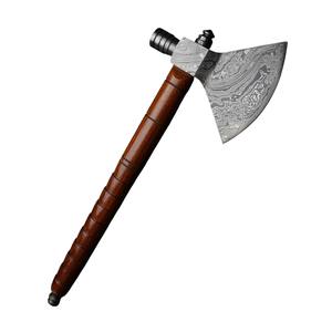 Hache de combat en acier Damas à vente chaude, pipe à fumer, hache de camping véritable avec manche en bois de rose et étui en cuir - Product Image 1