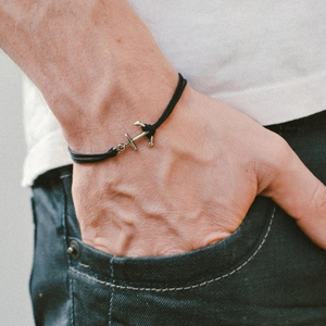 Anchor Cord <b>Bracelet</b>, Men's <b>Bracelet</b>, <b>Silver</b> Anchor <b>Charm</b>, Black Cords - Product Image 1