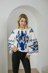 Blusas informales con cuello redondo para mujer con mangas farol bordadas Tops tejidos Elemento de moda simple Nuevo diseño para verano invierno - Product Image 2