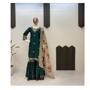 Designer Exclusif Lourd Chinon Séquencé Broderie Travail Traditionnel Salwar Kameez Costume Flair Sharara Dupatta pour Indien - Product Image 1