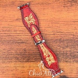 สายนาฬิกาหนังแท้ลายดอกไม้ตะวันตกทำด้วยมือสายหนังแท้สีเทอร์ควอยซ์สวยงามดีไซน์ตามสั่ง - Product Image 1