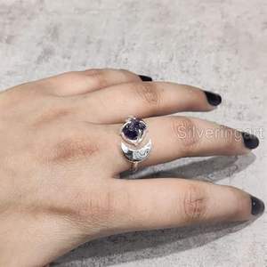 Bague pour femme en argent sterling 925, pierre précieuse améthyste brute naturelle, pierre de naissance de février, lune croissante, bijoux faits à la main - Product Image 5